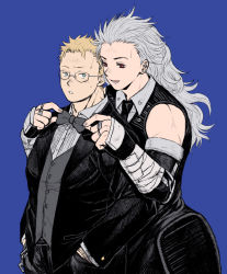 Rule 34 | 1boy, 1girl, :d, :o, adjusting bowtie, black jacket, black necktie, black pants, blonde hair, blue background, blue eyes, bow, bowtie, collared shirt, detached sleeves, dorohedoro, dress, dressing another, ear piercing, earrings, formal, glasses, grey bow, grey bowtie, grey hair, grey vest, hands in pockets, hands up, highres, jacket, jewelry, ki (mxxxx), long hair, long sleeves, looking at another, looking at viewer, necktie, noi (dorohedoro), open mouth, pants, piercing, red eyes, shin (dorohedoro), shirt, short hair, simple background, smile, suit, upper body, vest, white shirt