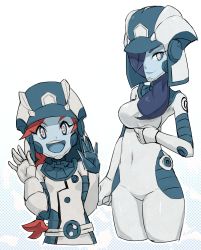 Rule 34 | 2girls, blue eyes, blue hair, blue skin, bodysuit, braid, breasts, bright pupils, colored skin, creatures (company), cropped legs, cropped torso, eyelashes, female focus, game freak, hair over one eye, hand up, hands up, happy, headgear, helmet, highres, large breasts, legs together, lips, long hair, looking at viewer, multicolored eyes, multiple girls, nintendo, nyonn24, open mouth, pink eyes, pokemon, pokemon usum, red hair, simple background, single braid, skin tight, smile, soliera (pokemon), standing, teeth, ultra recon squad, v-shaped eyebrows, white background, zossie (pokemon)