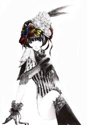 Rule 34 | 1girl, bad id, bad pixiv id, black hair, blunt bangs, bob cut, bottomless, bow, crossed legs, fashion, feathers, floral print, frills, gloves, hair bow, hair ornament, monochrome, multiple hair bows, original, shawl, short hair, sitting, smile, solo, sousou (sousouworks), spot color, striped, thighhighs