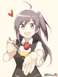Rule 34 | 10s, 1girl, :d, ahoge, bad id, bad tumblr id, black vest, buttons, cake, collared shirt, eyebrows, feeding, food, fruit, hagikaze (kancolle), hair between eyes, heart, holding, holding spoon, incoming food, kantai collection, long hair, looking at viewer, open mouth, pink background, pocket, pov feeding, purple eyes, purple hair, red ribbon, ribbon, shigino sohuzi, shirt, short sleeves, side ponytail, signature, simple background, sleeveless, smile, solo, spoon, strawberry, twitter username, upper body, vest, white shirt