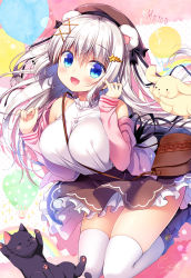 Rule 34 | 1girl, :d, animal, animal ears, bag, bare shoulders, between breasts, blue eyes, boots, breasts, brown skirt, cat, commentary request, hair between eyes, hair ornament, hairclip, half updo, hat, highres, jacket, large breasts, long hair, looking at viewer, multicolored background, off shoulder, open mouth, original, pink jacket, rabbit, sasai saji, shirt, shoulder bag, silver hair, skindentation, skirt, smile, solo, star (symbol), strap between breasts, thighhighs, white shirt, white thighhighs, x hair ornament
