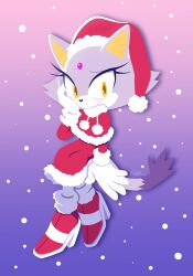 Rule 34 | 1girl, blaze the cat, blush, cat girl, cat tail, eyelashes, forehead jewel, furdy, furry, furry female, gloves, hand on own face, hat, high heels, highres, light smile, ponytail, purple fur, red footwear, santa costume, santa hat, snowing, sonic (series), tail, yellow eyes