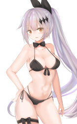 Rule 34 | 1girl, absurdres, arm at side, bare arms, bikini, black bow, black ribbon, blush, bow, bow choker, breasts, brown eyes, cleavage, collarbone, crescent, crescent earrings, earrings, eyes visible through hair, fang, five-seven (cruise queen) (girls&#039; frontline), five-seven (girls&#039; frontline), floating hair, front-tie bikini top, front-tie top, girls&#039; frontline, hair between eyes, hair ornament, hair ribbon, hand on own hip, highleg, highleg bikini, highres, jewelry, large breasts, leg ribbon, long hair, looking at viewer, navel, official alternate costume, ponytail, ribbon, ru zhai, shiny skin, side-tie bikini bottom, sidelocks, silver hair, simple background, single earring, skindentation, smile, solo, stomach, swimsuit, thighs, very long hair, white background