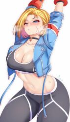 Rule 34 | 1girl, anisdrawn, blonde hair, blue eyes, blush, breasts, cammy white, cleavage, crop top, cropped jacket, highres, large breasts, long hair, looking at viewer, pants, scar, scar on face, short hair, street fighter, street fighter 6, stretching, teeth, white background