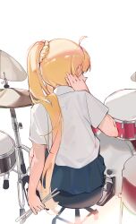 Rule 34 | 1girl, absurdres, ahoge, back, blonde hair, bocchi the rock!, collared shirt, commentary, cymbals, drum, drum set, drumsticks, from behind, hair ornament, hair scrunchie, highres, ijichi nijika, instrument, long hair, school uniform, scrunchie, shirt, side ponytail, simple background, sitting, solo, sweat, white background, white shirt, yuan (ziranran)