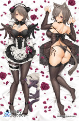 Rule 34 | 1girl, animal ear fluff, animal ears, ass, asymmetrical gloves, bare shoulders, bed sheet, black gloves, black panties, black thighhighs, breasts, bridal garter, cat ears, cat girl, cat tail, cleavage, commentary, cuddly octopus, dakimakura (medium), detached sleeves, english commentary, flower, frills, full body, gloves, grey hair, hair over one eye, highres, honkai (series), honkai impact 3rd, horns, large breasts, looking at viewer, looking back, lying, maid, maid headdress, multiple views, nail polish, on back, on stomach, one eye closed, outstretched arms, panties, parted lips, petals, puffy short sleeves, puffy sleeves, purple eyes, rita rossweisse, short hair, short sleeves, side-tie panties, smile, tail, thighhighs, tony guisado, underwear