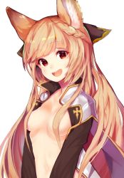 Rule 34 | 10s, 1girl, :d, animal ears, black bow, blonde hair, bow, braid, breasts, coat, erune, granblue fantasy, hair bow, hair censor, hair over breasts, long hair, looking at viewer, medium breasts, naked coat, open mouth, red eyes, simple background, smile, solo, swept bangs, teeth, tokiwa online, upper body, v arms, very long hair, white background, yuisis (granblue fantasy)