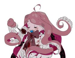 Rule 34 | 1girl, ahoge, asphyxia17, bow, bowtie, eating, closed eyes, female focus, food, monster girl, open mouth, original, simple background, solo, teeth, tentacles, tentacle hair, white background