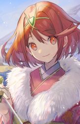 Rule 34 | 2girls, arrow (projectile), close-up, fujie-yz, highres, japanese clothes, jewelry, kimono, mountain, multiple girls, pyra (xenoblade), red eyes, red hair, short hair, sky, xenoblade chronicles (series), xenoblade chronicles 2