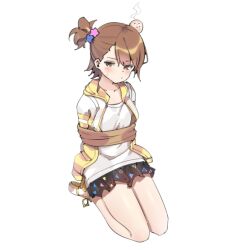 Rule 34 | 1girl, aa211108, asymmetrical bangs, black skirt, blush, bound, breasts, brown hair, collarbone, dot mouth, dot nose, flipped hair, forehead, futami ami, head bump, hood, hoodie, idolmaster, idolmaster (classic), idolmaster million live!, idolmaster million live! theater days, kneeling, looking at viewer, rope, shirt, short hair, side ponytail, simple background, skirt, small breasts, solo, sweat, swept bangs, thighs, tied up (nonsexual), two-tone hoodie, white background, white footwear, white shirt, yellow hood, yellow hoodie