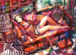 Rule 34 | 1girl, bamboo, barefoot, bird, birdcage, black hair, blue eyes, blurry, branch, breasts, cage, chinese clothes, cleavage, couch, crown, depth of field, feathers, feet, flower, footstool, fuzichoco, hanging, hat, highres, legs, long hair, lying, medium breasts, no socks, on back, original, pillow, shoes, single shoe, solo, toes, vase