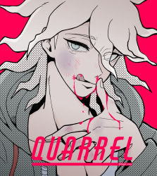 Rule 34 | 1boy, artist name, blood, blood from mouth, blood on hands, collarbone, commentary request, danganronpa (series), danganronpa 2: goodbye despair, eyes visible through hair, finger to mouth, grey eyes, grey hair, halftone, hand up, highres, hood, hooded jacket, jacket, komaeda nagito, looking at viewer, messy hair, nosebleed, pink background, pink blood, polka dot, simple background, solo, tege (tege xxx)