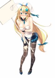 Rule 34 | 1girl, alternate costume, animal ears, bad id, bad pixiv id, bare shoulders, between breasts, blonde hair, blue eyes, blush, breasts, cleavage, collar, cosplay, cuffs, dabadhi, fake animal ears, goryoukaku (oshiro project), hachimaki, hair ornament, headband, high heels, highres, holding, holding sign, leotard, long hair, looking at viewer, medium breasts, necktie, necktie between breasts, oshiro project:re, oshiro project:re, pantyhose, playboy bunny, pleated skirt, rabbit ears, rabbit girl, shikano (oshiro project), sign, simple background, skirt, solo, white background