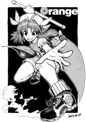 Rule 34 | 1girl, ahoge, ankle boots, bandaid, bandaid on knee, bandaid on leg, bare legs, baton, boots, character name, cross-laced footwear, dated, english text, full body, greyscale, grin, heran hei mao, holding, holding weapon, lace-up boots, long hair, looking at viewer, low tied hair, monochrome, orange (touhou), outstretched arm, puffy short sleeves, puffy sleeves, pun, short shorts, short sleeves, shorts, smile, solo, standing, standing on one leg, tagme, touhou, touhou (pc-98), v-shaped eyebrows, weapon