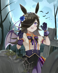 Rule 34 | 1girl, animal ears, arms up, bat wings, blue flower, blue rose, brown hair, claw pose, fake wings, fang, flower, full moon, grave, graveyard, hair over one eye, highres, horse ears, horse girl, long hair, looking at viewer, maid headdress, moon, night, official alternate costume, open mouth, outdoors, puffy short sleeves, puffy sleeves, purple eyes, rice shower (make up vampire!) (umamusume), rice shower (umamusume), rose, short sleeves, small-wso6-bell, solo, spider web print, tombstone, umamusume, wings