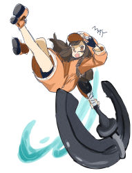 Rule 34 | 1girl, anchor, backpack, bad id, bad pixiv id, bag, bike shorts, black gloves, boots, breasts, brown eyes, brown hair, character name, falling, fingerless gloves, gloves, guilty gear, guilty gear strive, happy, hat, highres, long hair, may (guilty gear), open mouth, orange hat, orange shirt, pirate, pirate hat, shirt, skull and crossbones, small breasts, smile, solo, sost fgo, weapon