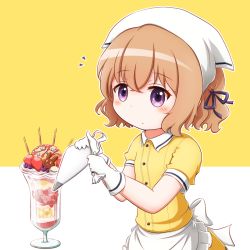 Rule 34 | 1girl, :o, apron, blend s, blush, brown hair, collared shirt, commentary request, food, frilled apron, frills, fruit, gloves, goth risuto, hair between eyes, hair ribbon, head scarf, holding, hoshikawa mafuyu, ice cream, looking at viewer, parfait, parted lips, pastry bag, pocky, purple eyes, purple ribbon, ribbon, shirt, short hair, short sleeves, simple background, skirt, solo, strawberry, tareme, two-tone background, uniform, waist apron, waitress, white apron, white background, white gloves, yellow background, yellow shirt, yellow skirt