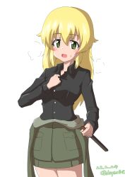 Rule 34 | 1girl, absurdres, anzio military uniform, black shirt, blonde hair, carpaccio (girls und panzer), clothes around waist, collar tug, commentary, cowboy shot, dated, dress shirt, drops mint, girls und panzer, green eyes, grey jacket, grey skirt, highres, holding, holding knife, jacket, jacket around waist, knife, long hair, long sleeves, looking at viewer, military uniform, miniskirt, open mouth, shirt, simple background, skirt, smile, solo, standing, steam, sweat, twitter username, uniform, white background, wing collar