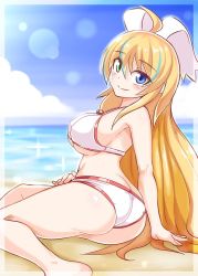 Rule 34 | 1girl, ass, bare shoulders, barefoot, beach, bikini, blaster master zero, blaster master zero 2, blonde hair, blue eyes, blush, breasts, butt crack, cougar (cougar1404), eve (blaster master zero), green eyes, hair ribbon, heterochromia, large breasts, long hair, looking at viewer, ribbon, shiny skin, sideboob, smile, solo, swimsuit, very long hair, wedgie