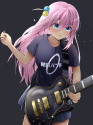 Rule 34 | 1boy, absurdres, black shirt, blue eyes, blue skirt, blush, bocchi the rock!, breasts, closed mouth, clothes writing, collarbone, commentary request, cube hair ornament, electric guitar, eyes visible through hair, fingernails, gotoh hitori, grey background, guitar, hair between eyes, hair ornament, hands up, highres, holding, holding instrument, instrument, long fingernails, long hair, looking to the side, medium breasts, miniskirt, music, pink hair, playing instrument, shirt, short sleeves, simple background, skirt, solo, standing, sweat, sweatdrop, t-shirt, tate yukimi, v-shaped eyebrows