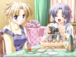 Rule 34 | 00s, 2girls, alcohol, blonde hair, blue eyes, blush, bow, cake, camcorder, candle, canvas, chair, champagne, cocktail soft, cup, curtains, drinking glass, f&amp;c, flower, food, fork, game cg, gayarou, gift, hair bow, indoors, light purple hair, multiple girls, napkin, open mouth, plate, ribbon, saginomiya ai, sakurazuka ren, salad, smile, table, tablecloth, turtleneck, video camera, wine glass