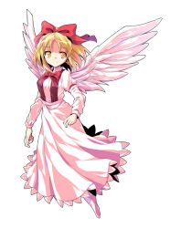 Rule 34 | 1girl, alphes (style), black vest, blonde hair, bow, bowtie, closed mouth, dairi, eyebrows, feathered wings, feathers, full body, gengetsu (touhou), hair bow, highres, long skirt, long sleeves, open clothes, open vest, parody, puffy long sleeves, puffy sleeves, red bow, red bowtie, shirt, short hair, skirt, skirt set, smile, socks, solo, style parody, touhou, touhou (pc-98), transparent background, vest, white shirt, white skirt, white socks, white wings, wings, yellow eyes