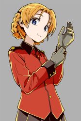 Rule 34 | 1girl, aokaze (mimi no uchi), black ribbon, black skirt, blue eyes, braid, closed mouth, commentary, epaulettes, girls und panzer, glove pull, gloves, grey background, grey gloves, hair ribbon, jacket, long sleeves, looking at viewer, military, military uniform, orange hair, orange pekoe (girls und panzer), parted bangs, pleated skirt, red jacket, ribbon, short hair, simple background, skirt, smile, solo, st. gloriana&#039;s military uniform, standing, twin braids, uniform