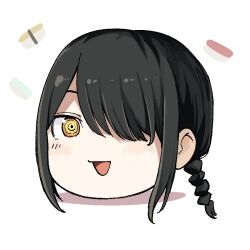 1girl black_hair braid chainsaw_man food hair_over_one_eye head_only nayuta_(chainsaw_man) open_mouth ringed_eyes sidelocks simple_background single_braid solo sushi white_background yellow_eyes yukkuri_shiteitte_ne yuma_kahara