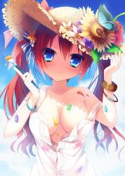 Rule 34 | 1girl, amamine, bad id, bad pixiv id, bare shoulders, blue eyes, blue sky, blush, bracelet, breasts, cleavage, closed mouth, cloud, collarbone, comiket 88, commentary request, day, dress, flower, hair between eyes, hat, hat flower, head tilt, hibiscus, holding, holding paintbrush, jewelry, large breasts, long hair, looking at viewer, open clothes, open dress, original, outdoors, paint, paint on body, paintbrush, red hair, sky, sleeveless, sleeveless dress, smile, solo, straw hat, sunflower, twintails, upper body, very long hair, white dress