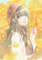 Rule 34 | 1girl, autumn leaves, from side, ginkgo leaf, green eyes, green hair, hat, highres, holding, holding leaf, k.nishiyama, leaf, long hair, long sleeves, looking at viewer, open mouth, original, painting (medium), plaid, plaid scarf, scarf, smile, solo, sweater, traditional media, tree, upper body, watercolor (medium)
