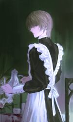 Rule 34 | 1boy, 8knff, absurdres, apron, black dress, brown eyes, brown hair, crossdressing, death note, dress, frilled apron, frills, hair between eyes, highres, long sleeves, looking at viewer, maid, maid apron, maid day, male focus, short hair, solo, teapot, upper body, white apron, yagami light