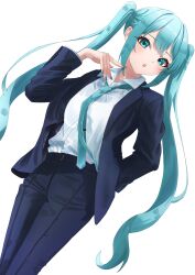 Rule 34 | 1girl, :o, absurdres, amaama (beccyonaika1), aqua eyes, aqua hair, aqua nails, aqua necktie, arm behind back, blue jacket, blue pants, collared shirt, commentary, dress shirt, dutch angle, formal, hair ornament, hand on own face, hand up, hatsune miku, highres, jacket, long hair, looking at viewer, loose necktie, necktie, open mouth, pants, shirt, solo, suit, suit jacket, twintails, very long hair, vocaloid, white background