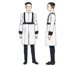 Rule 34 | 1boy, black footwear, black hair, black pants, character sheet, expressionless, from side, full body, jacket, long sleeves, male focus, official art, pants, profile, scharf (sousou no frieren), short hair, sousou no frieren, straight-on, transparent background, white jacket