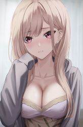 Rule 34 | 1girl, backlighting, blonde hair, blush, breasts, casual, cleavage, collarbone, dress, ear piercing, green dress, grey jacket, hand up, highres, jacket, kitagawa marin, large breasts, long hair, looking at viewer, marinesnow, open clothes, open jacket, parted lips, piercing, sleeves past fingers, sleeves past wrists, smile, solo, sono bisque doll wa koi wo suru, upper body, white background, white dress