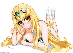 Rule 34 | 1girl, blonde hair, breasts, chest jewel, gem, headpiece, highres, large breasts, long hair, lukari, mythra (radiant beach) (xenoblade), mythra (xenoblade), one-piece swimsuit, ribbed swimsuit, solo, strapless, strapless one-piece swimsuit, striped clothes, striped one-piece swimsuit, swept bangs, swimsuit, tiara, two-tone swimsuit, vertical-striped clothes, vertical-striped one-piece swimsuit, very long hair, white one-piece swimsuit, xenoblade chronicles (series), xenoblade chronicles 2, yellow eyes