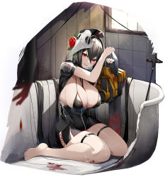 Rule 34 | 1girl, absurdly long hair, ahoge, azur lane, black dress, black hair, black hat, black nails, blood, breasts, chainsaw, cleavage, commentary request, dress, flower, hair between eyes, hair flower, hair ornament, hat, highres, indoors, large breasts, long hair, looking at viewer, luse maonang, mask, mask on head, nail polish, nurse cap, open mouth, plague doctor mask, red eyes, red flower, red rose, rose, short sleeves, sitting, smile, solo, taihou (azur lane), thigh strap, twintails, very long hair, window