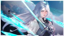 Rule 34 | 1girl, absurdres, arialla draws, blue eyes, blue gloves, blue vest, braid, braided sidelock, dress, final fantasy, final fantasy xvi, gloves, grey hair, hair over shoulder, highres, holding, holding sword, holding weapon, ice, ice crystal, ice shard, jill warrick, long braid, long hair, looking to the side, rapier, shirt, side braid, single braid, solo, standing, sword, upper body, vest, weapon, white dress, white shirt