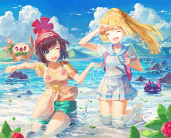 Rule 34 | 2girls, aqua shorts, bag, bare arms, bare legs, beanie, black hair, blonde hair, blue eyes, blue ribbon, blunt bangs, blurry, bra, bracelet, braid, closed eyes, cloud, collared dress, creatures (company), day, depth of field, dress, duffel bag, floral print, french braid, game freak, gen 7 pokemon, green eyes, hat, high ponytail, jewelry, knee up, kneeling, lillie (pokemon), long hair, looking at another, multiple girls, nagakura (seven walkers), nintendo, one eye closed, open mouth, outdoors, panties, partially submerged, poke ball theme, pokemon, pokemon (creature), pokemon sm, pyukumuku, red hat, ribbon, rock, rowlet, selene (pokemon), shirt, short hair, short sleeves, shorts, sitting, spoilers, sundress, swept bangs, t-shirt, tied shirt, underwear, water, wet, wet clothes, white dress