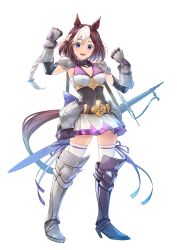 Rule 34 | 1girl, :d, adapted costume, animal ears, arm up, armored boots, black gloves, blue bow, blush, boots, bow, braid, breasts, brown hair, clenched hands, commentary request, covered navel, ear bow, elbow gloves, full body, gloves, hair between eyes, hand up, high heel boots, high heels, highres, horse ears, horse girl, horse tail, leotard, leotard under clothes, long hair, looking at viewer, medium breasts, multicolored hair, nabe puyo, open mouth, pleated skirt, purple bow, purple eyes, simple background, skirt, smile, solo, special week (umamusume), standing, tail, thighhighs, two-tone hair, umamusume, vambraces, white background, white hair, white skirt, white thighhighs
