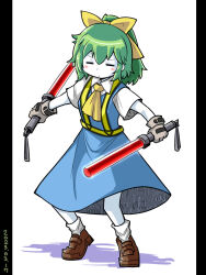 Rule 34 | 1girl, :&lt;, ascot, blue dress, blush, bow, brown footwear, closed eyes, closed mouth, collared shirt, colored skin, commentary request, cookie (touhou), daiyousei, dated, diyusi (cookie), dress, dual wielding, flat chest, full body, gloves, green hair, grey gloves, hair bow, high-visibility vest, highres, holding, itini-sanshi, medium hair, pinafore dress, ponytail, shirt, shoes, short sleeves, simple background, sleeveless dress, socks, solo, standing, touhou, traffic baton, v-shaped eyebrows, white background, white shirt, white skin, white socks, yellow ascot, yellow bow