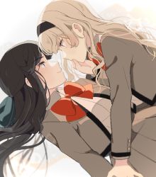 Rule 34 | 2girls, bad id, bad pixiv id, black hair, black hairband, blazer, blonde hair, bow, bowtie, closed mouth, collared shirt, commentary request, dutch angle, eye contact, from side, green bow, grey blazer, grey jacket, grey skirt, hair bow, hairband, hand on another&#039;s face, highres, jacket, long hair, long sleeves, looking at another, multiple girls, nijiko (c2cs4q), open clothes, open jacket, pleated skirt, profile, red neckwear, saijou claudine, school uniform, seishou music academy uniform, shirt, shoujo kageki revue starlight, simple background, skirt, smile, tendou maya, white background, white shirt, yuri