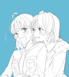 Rule 34 | 2girls, ahoge, blue background, blush, bow, greyscale with colored background, hair bow, highres, hood, hood down, hooded jacket, hug, hug from behind, jacket, jewelry, kashikaze, love live!, love live! sunshine!!, medium hair, multiple girls, necklace, open mouth, short hair, simple background, smile, takami chika, watanabe you, yuri