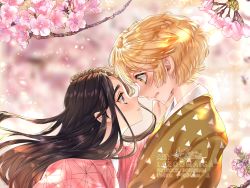 Rule 34 | 1boy, 1girl, agatsuma zenitsu, alternate costume, artist name, black hair, blonde hair, blush, cherry blossoms, commentary, dated, from side, highres, japanese clothes, kamado nezuko, kimetsu no yaiba, kimono, lazoomaiga, long hair, looking at another, orange kimono, parted bangs, parted lips, pink eyes, signature, smile, thick eyebrows, triangle print, wavy mouth, yellow eyes