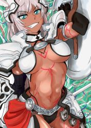 Rule 34 | 1girl, abs, animal ears, armor, bikini, black bikini, black gloves, black thighhighs, body markings, breasts, caenis (fate), cape, dark-skinned female, dark skin, elbow gloves, fate/grand order, fate (series), faulds, gloves, green eyes, hair intakes, headpiece, highleg, highleg bikini, honky, large breasts, long hair, looking at viewer, multicolored background, navel, parted lips, pauldrons, ponytail, red cape, shield, shoulder armor, solo, swimsuit, tattoo, thigh gap, thighhighs, waist cape, white hair