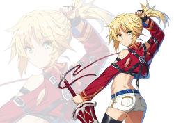 Rule 34 | 1girl, absurdres, ass, belt, black gloves, blonde hair, blue belt, braid, breasts, clarent (fate), closed mouth, clothing cutout, cropped jacket, fate/apocrypha, fate (series), fingerless gloves, french braid, gloves, green eyes, highres, holding, holding own hair, jacket, long hair, long sleeves, looking at viewer, midriff, mordred (fate), mordred (fate/apocrypha), ponytail, red jacket, red ribbon, ribbon, short shorts, shorts, shoulder cutout, sidelocks, small breasts, solo, sword, thighs, tonee, weapon, white background, white shorts