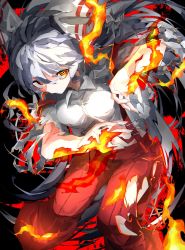 Rule 34 | 1girl, black background, bow, breasts, closed mouth, collared shirt, commentary request, feet out of frame, fire, fujiwara no mokou, hair between eyes, hair bow, highres, long hair, looking at viewer, medium breasts, orange eyes, pants, red pants, shirt, solo, suspenders, torn clothes, torn pants, torn sleeves, touhou, very long hair, vivo (vivo sun 0222), white bow, white hair, white shirt