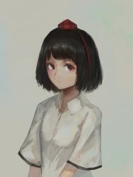 Rule 34 | 1girl, absurdres, black hair, bob cut, collared shirt, eyelashes, faux traditional media, fjsmu, hat, highres, looking at viewer, looking to the side, red eyes, shameimaru aya, shirt, short hair, simple background, solo, tokin hat, touhou, upper body, aged down