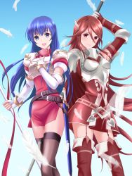 Rule 34 | 2girls, absurdres, arm up, armor, blue eyes, blue hair, boots, breastplate, caeda (fire emblem), closed mouth, commentary, cordelia (fire emblem), dress, feathers, fingerless gloves, fire emblem, fire emblem: mystery of the emblem, fire emblem awakening, garter straps, gloves, hair ornament, highres, holding, kakiko210, long hair, multiple girls, nintendo, open mouth, polearm, red eyes, red hair, scabbard, sheath, sheathed, short dress, smile, sword, thigh boots, thighhighs, thighs, weapon, white gloves, wing hair ornament, zettai ryouiki