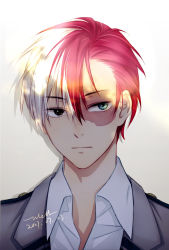 Rule 34 | 1boy, black eyes, blue eyes, boku no hero academia, burn scar, closed mouth, collared shirt, eyelashes, grey background, hair between eyes, heterochromia, highres, jacket, looking at viewer, male focus, multicolored hair, portrait, red hair, scar, scar on face, shade, shirt, short hair, signature, simple background, solo, split-color hair, sunlight, todoroki shouto, two-tone hair, welllllll, white hair