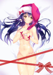 Rule 34 | 10s, 1girl, bad id, bad pixiv id, blue hair, censored, convenient censoring, covering privates, covering breasts, hat, highres, long hair, looking at viewer, love live!, love live! school idol project, merry christmas, navel, nude, pecorin, ribbon, santa hat, smile, solo, sonoda umi, yellow eyes